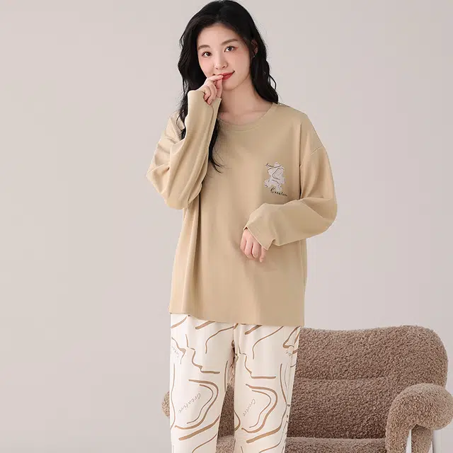 都市丽人 甜美复古设计长袖套头时尚家居服休闲可外穿睡衣套装 女款 图片色
