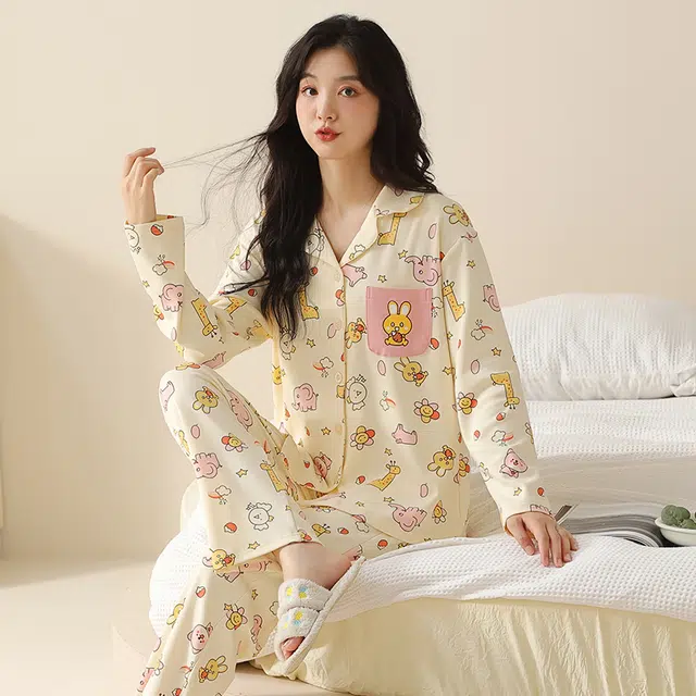 都市丽人 卡通印花设计长袖开衫时尚家居服休闲可外穿睡衣套装 女款 图片色