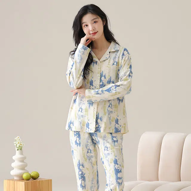 都市丽人 花色复古设计长袖开衫时尚休闲长裤可外穿睡衣套装 女款 图片色