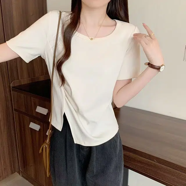 都市丽人 不规则斜边舒适圆领短袖打底衣 女款 白色
