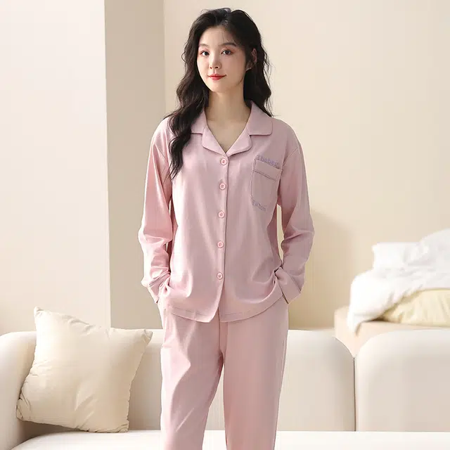 都市丽人 纯色长袖开衫时尚家居服休闲可外穿睡衣套装 女款 图片色