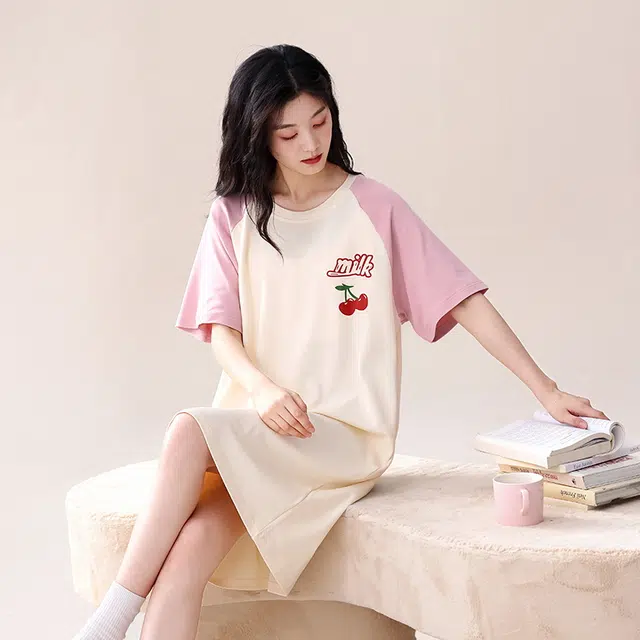 都市丽人 休闲亲肤可外穿家居服免穿文胸短袖睡裙 女款 杏色