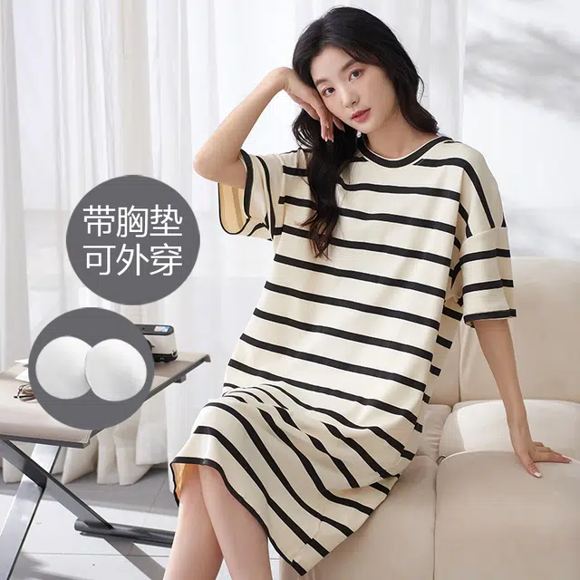 都市丽人 中式休闲薄款条纹可外穿家居服免穿文胸短袖睡裙 女款 杏色