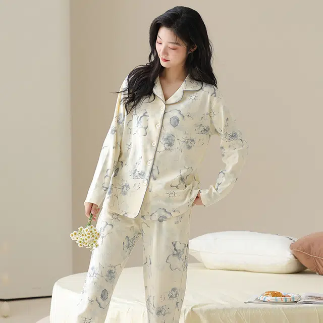 都市丽人 复古设计长袖开衫时尚休闲长裤可外穿睡衣套装 女款 图片色