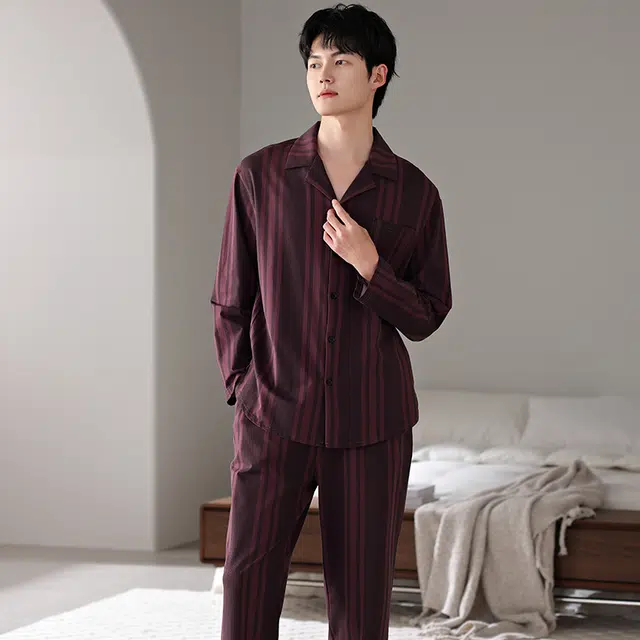 都市丽人 简约长袖开衫时尚家居服休闲可外穿睡衣套装 男款 图片色