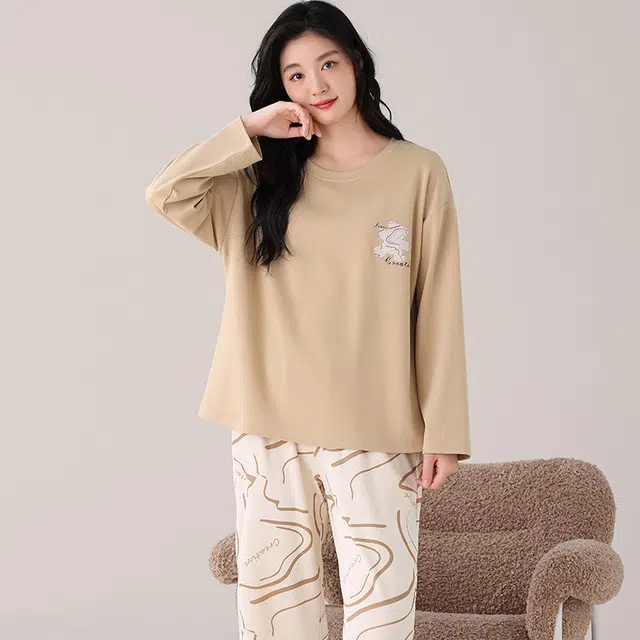 都市丽人 甜美复古设计长袖套头时尚家居服休闲可外穿睡衣套装 女款 图片色