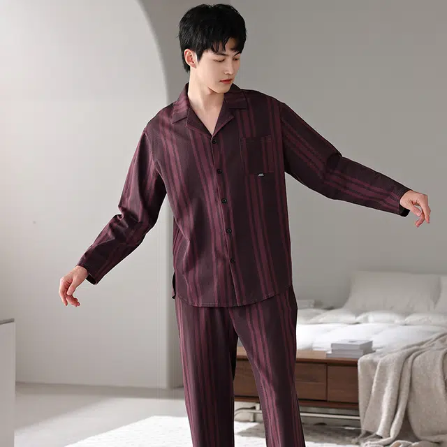 都市丽人 简约长袖开衫时尚家居服休闲可外穿睡衣套装 男款 图片色