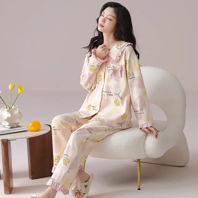 都市丽人 甜美风设计长袖印花套头时尚休闲可外穿拼接花边睡衣套装 女款 图片色