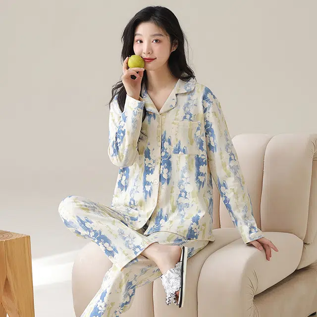 都市丽人 花色复古设计长袖开衫时尚休闲长裤可外穿睡衣套装 女款 图片色