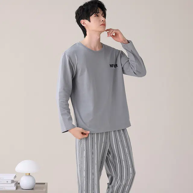 都市丽人 简约长袖纯棉时尚家居服休闲可外穿大码睡衣套装 男款 图片色