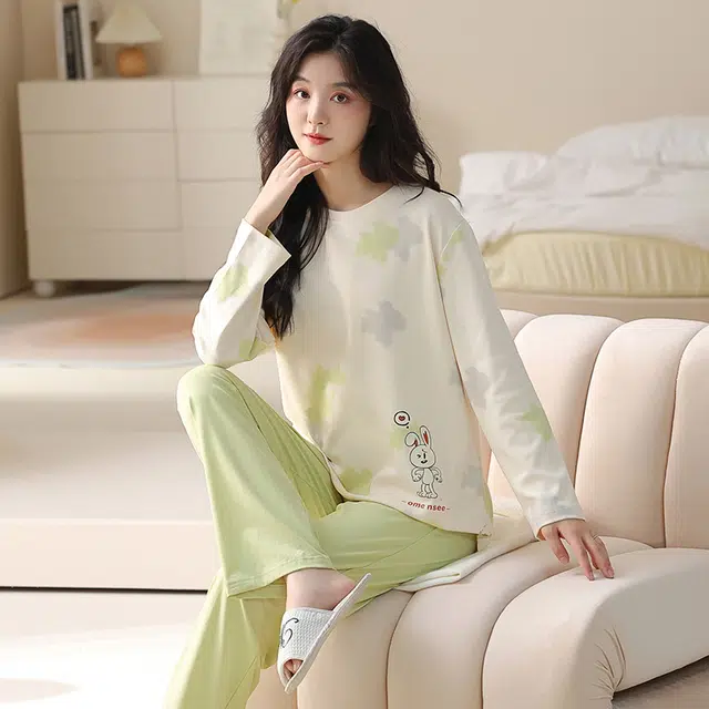 都市丽人 甜美风设计长袖印花套头时尚长裤休闲可外穿睡衣套装 女款 图片色