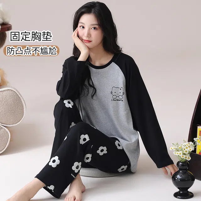 都市丽人 小猫字母印花圆领上衣花卉透气长裤睡衣套装 女款 灰色
