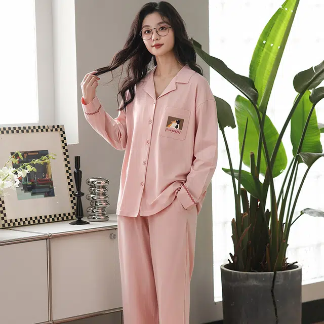 都市丽人 开衫时尚纯色卡通长袖家居服休闲可外穿睡衣套装 女款 图片色