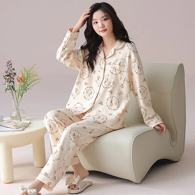 都市丽人 甜美风设计长袖印花开衫时尚家居服休闲可外穿睡衣套装 女款 图片色