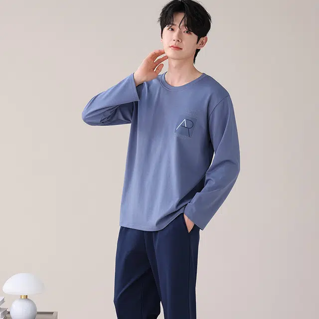 都市丽人 纯色简约长袖纯棉时尚家居服休闲可外穿大码睡衣套装 男款 图片色