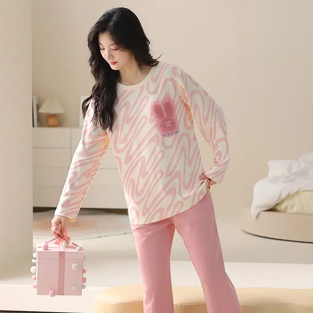 都市丽人 甜美风设计长袖印花套头时尚休闲可外穿睡衣套装 女款 图片色