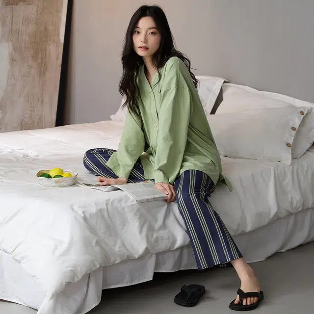 都市丽人 舒适休闲开衫长袖长裤家居服可外穿睡衣套装 女款 图片色
