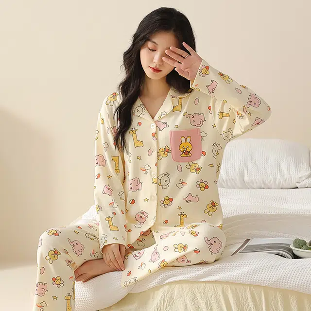 都市丽人 卡通印花设计长袖开衫时尚家居服休闲可外穿睡衣套装 女款 图片色