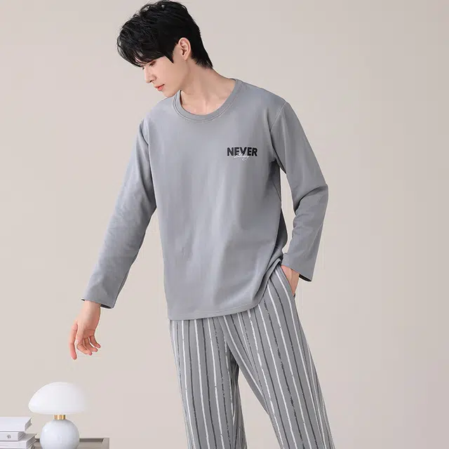 都市丽人 简约长袖纯棉时尚家居服休闲可外穿大码睡衣套装 男款 图片色