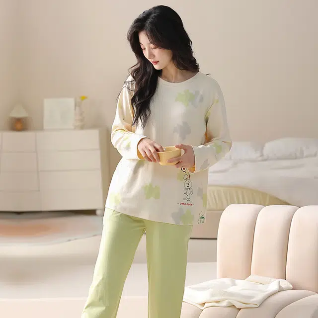 都市丽人 甜美风设计长袖印花套头时尚长裤休闲可外穿睡衣套装 女款 图片色