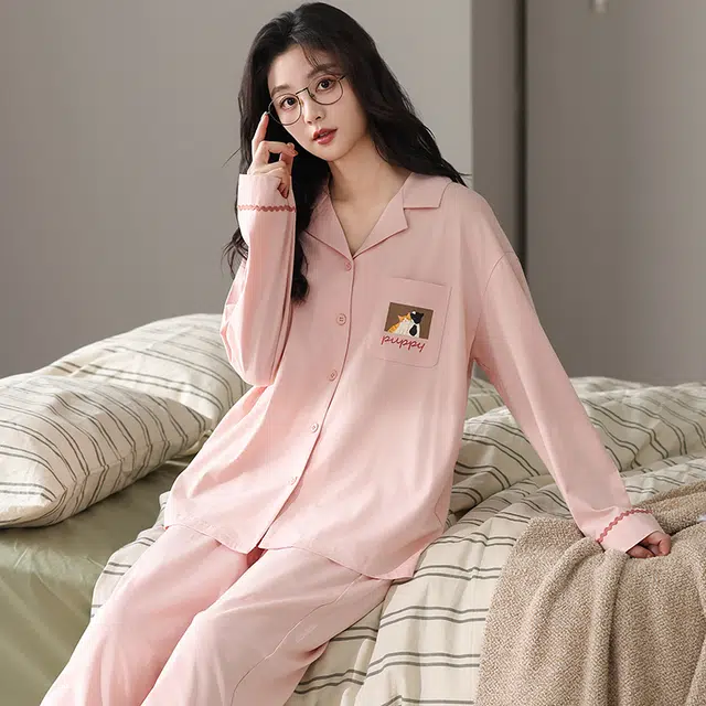 都市丽人 开衫时尚纯色卡通长袖家居服休闲可外穿睡衣套装 女款 图片色