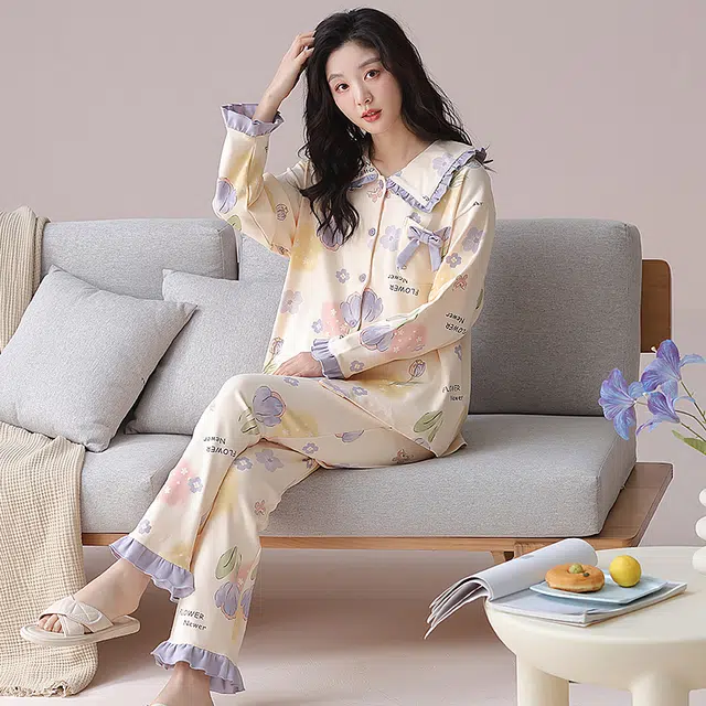 都市丽人 甜美风设计长袖印花套头时尚长裤休闲可外穿蝴蝶结睡衣套装 女款 图片色