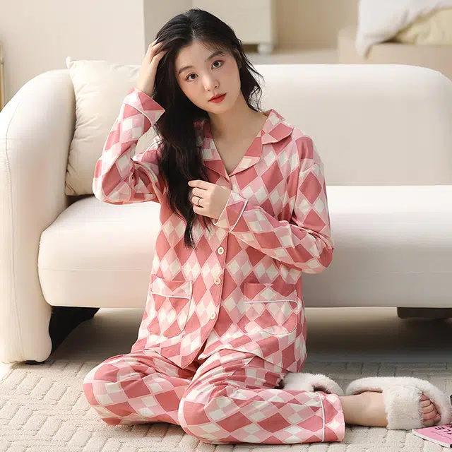 都市丽人 纯棉格子长袖开衫时尚家居服休闲可外穿睡衣套装 女款 图片色