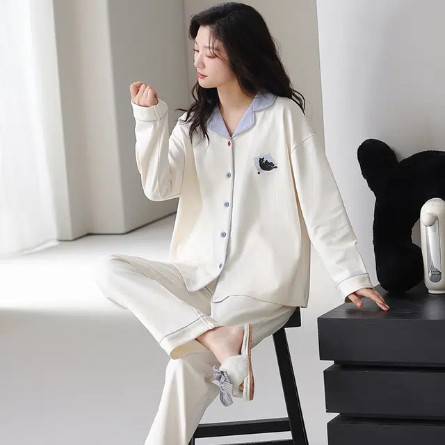 都市丽人 休闲纯色开衫时尚长袖家居服可外穿睡衣套装 女款 图片色