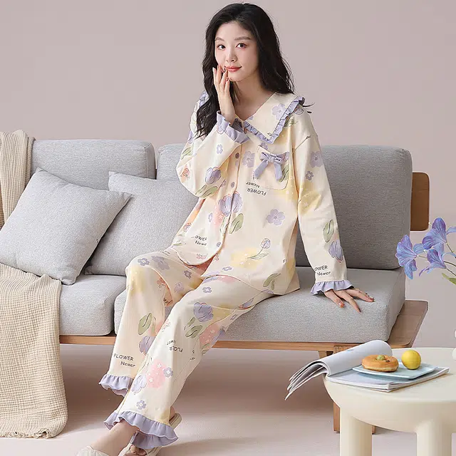 都市丽人 甜美风设计长袖印花套头时尚长裤休闲可外穿蝴蝶结睡衣套装 女款 图片色