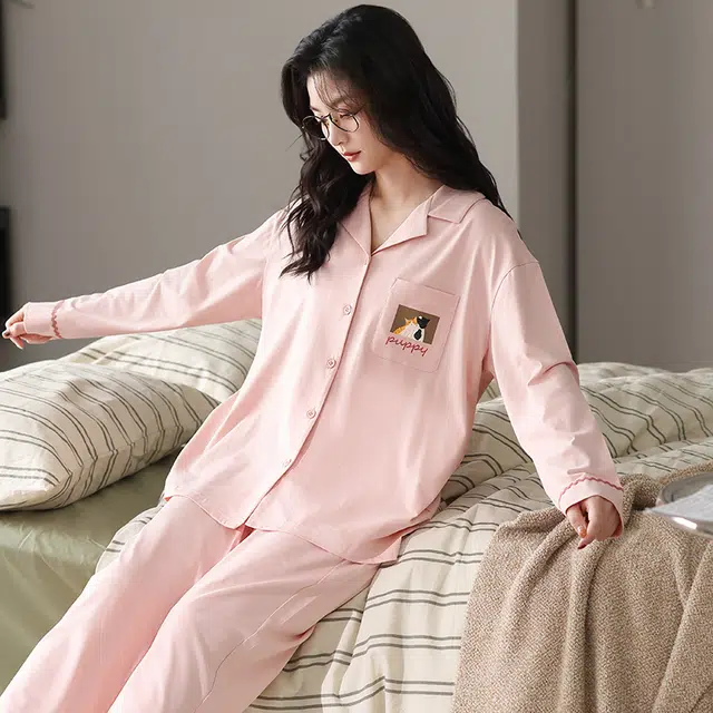 都市丽人 开衫时尚纯色卡通长袖家居服休闲可外穿睡衣套装 女款 图片色