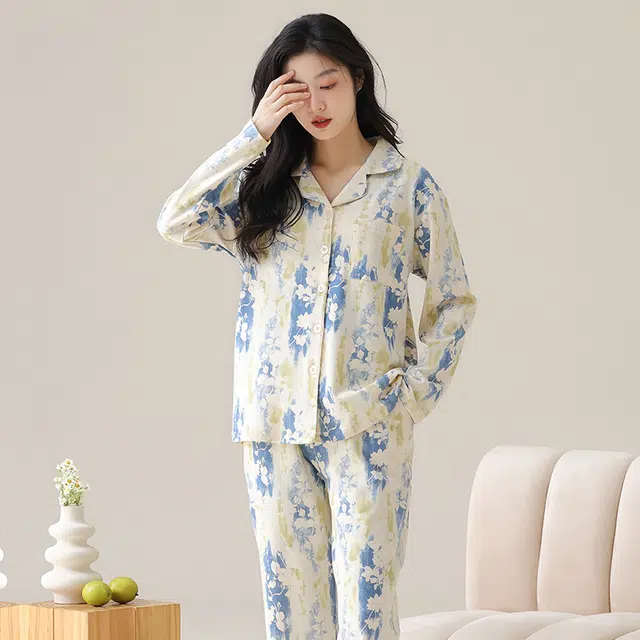 都市丽人 花色复古设计长袖开衫时尚休闲长裤可外穿睡衣套装 女款 图片色