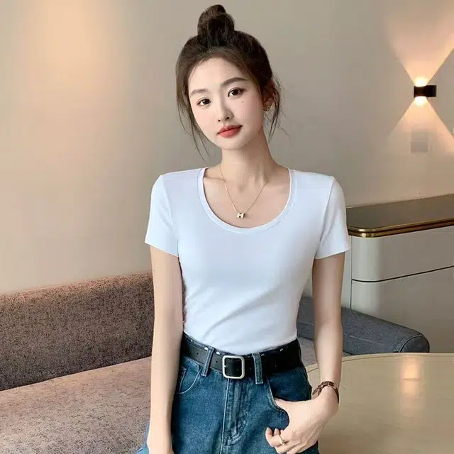 都市丽人 内搭修身简约短袖打底衣 女款 白色