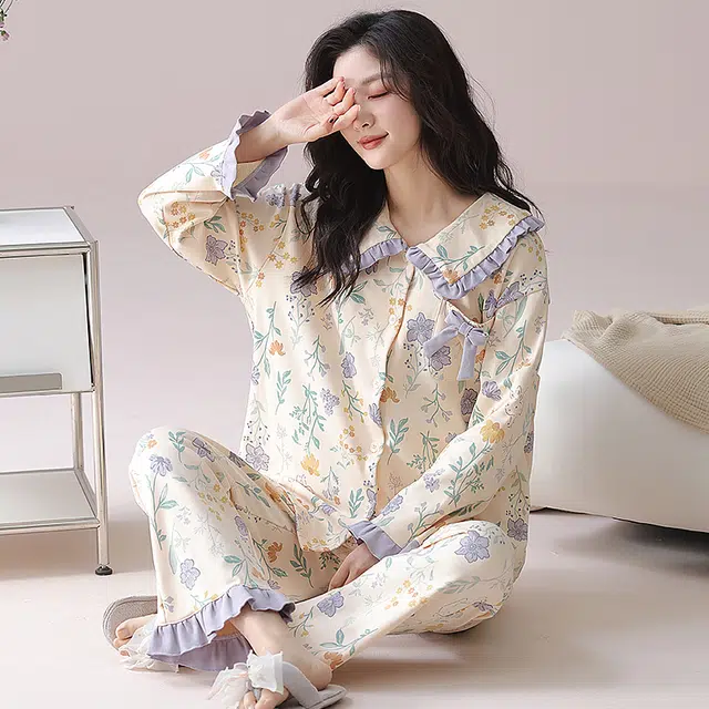 都市丽人 甜美设计长袖印花套头时尚家居服休闲可外穿睡衣套装 女款 图片色