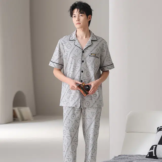 都市丽人 薄款休闲抗菌短袖长裤可外穿家居服睡衣套装 男款 图片色