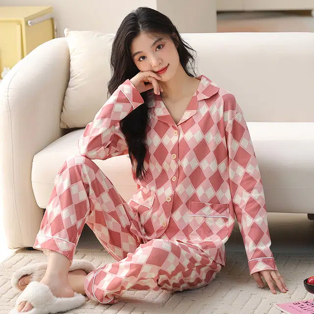 都市丽人 纯棉格子长袖开衫时尚家居服休闲可外穿睡衣套装 女款 图片色