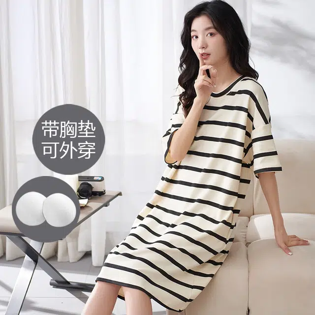 都市丽人 中式休闲薄款条纹可外穿家居服免穿文胸短袖睡裙 女款 杏色