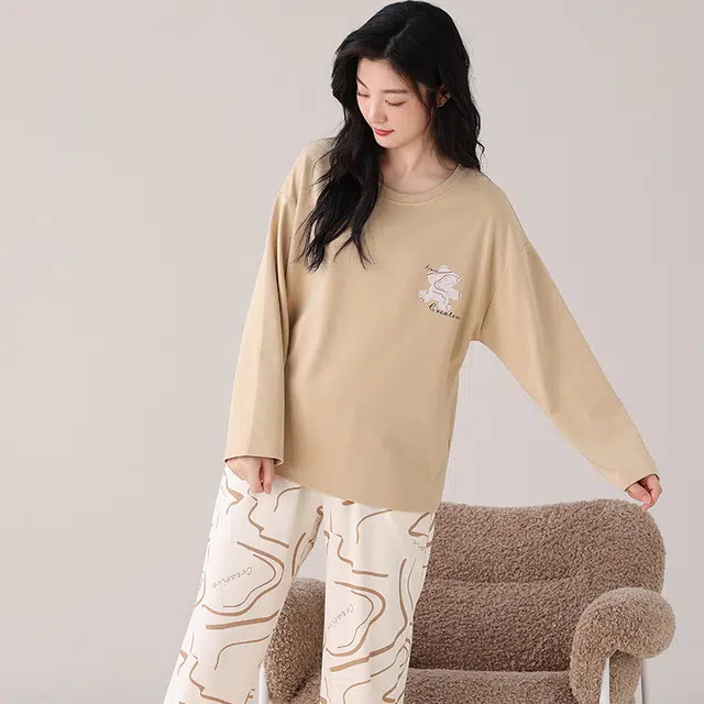 都市丽人 甜美复古设计长袖套头时尚家居服休闲可外穿睡衣套装 女款 图片色