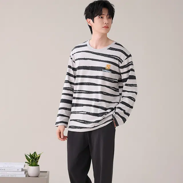 都市丽人 条纹简约设计长袖纯棉时尚家居服休闲可外穿大码睡衣套装 男款 图片色