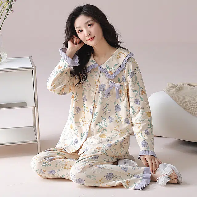 都市丽人 甜美设计长袖印花套头时尚家居服休闲可外穿睡衣套装 女款 图片色