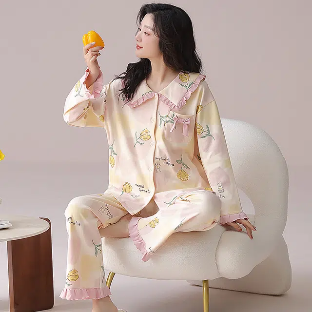 都市丽人 甜美风设计长袖印花套头时尚休闲可外穿拼接花边睡衣套装 女款 图片色