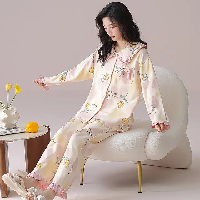 都市丽人 甜美风设计长袖印花套头时尚休闲可外穿拼接花边睡衣套装 女款 图片色