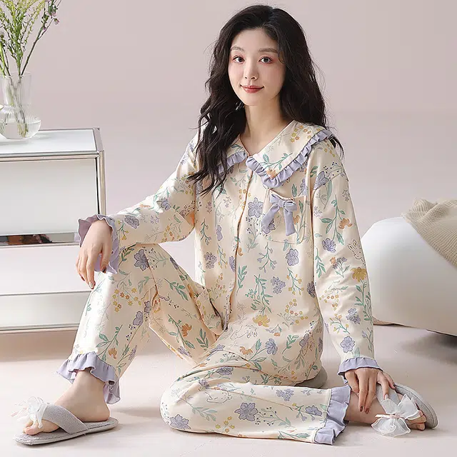 都市丽人 甜美设计长袖印花套头时尚家居服休闲可外穿睡衣套装 女款 图片色