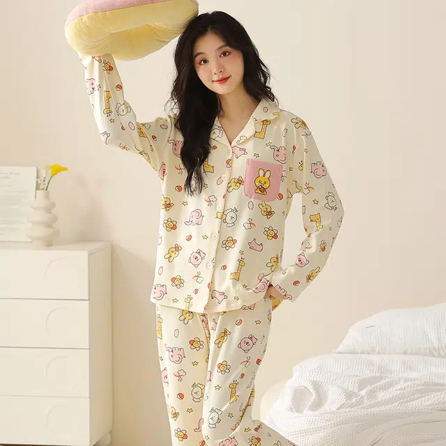 都市丽人 卡通印花设计长袖开衫时尚家居服休闲可外穿睡衣套装 女款 图片色