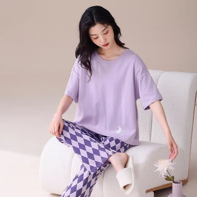 都市丽人 带胸垫舒适休闲短袖长裤可外穿家居服免穿文胸睡衣套装 女款 紫色