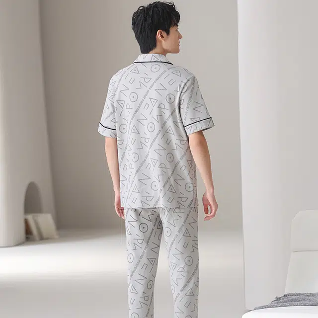 都市丽人 薄款休闲抗菌短袖长裤可外穿家居服睡衣套装 男款 图片色