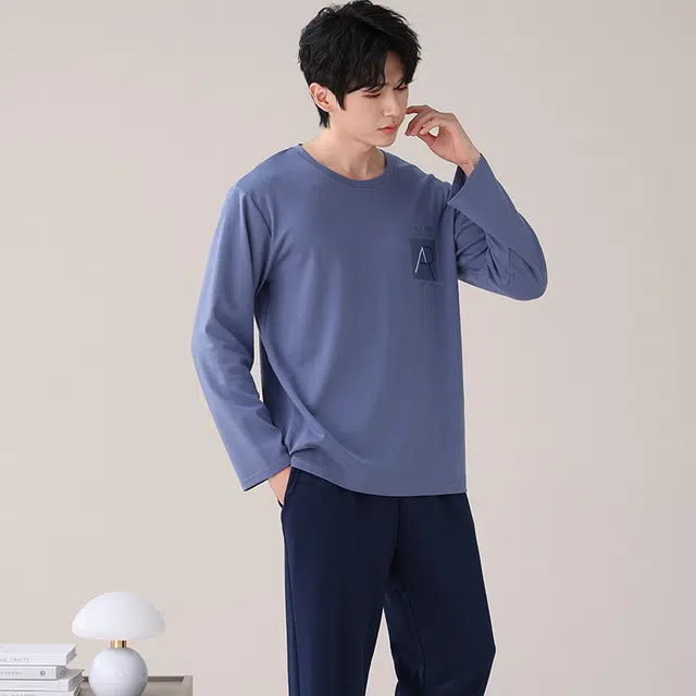 都市丽人 纯色简约长袖纯棉时尚家居服休闲可外穿大码睡衣套装 男款 图片色