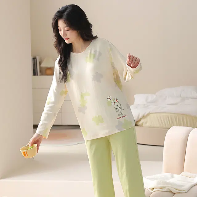 都市丽人 甜美风设计长袖印花套头时尚长裤休闲可外穿睡衣套装 女款 图片色