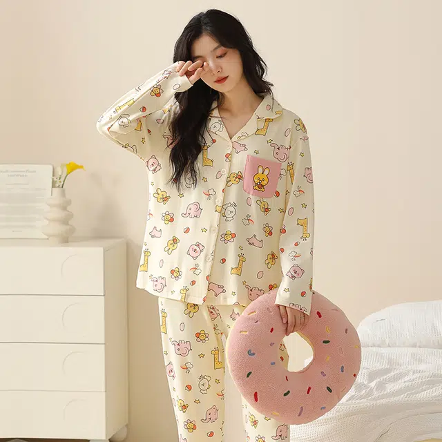 都市丽人 卡通印花设计长袖开衫时尚家居服休闲可外穿睡衣套装 女款 图片色