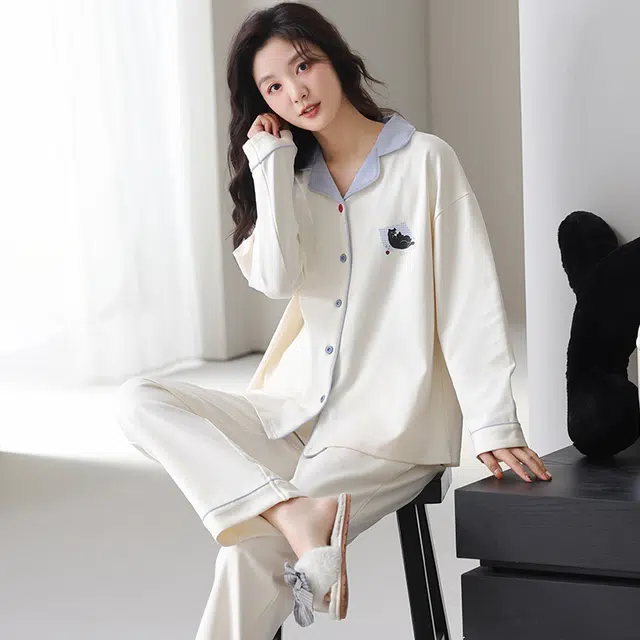 都市丽人 休闲纯色开衫时尚长袖家居服可外穿睡衣套装 女款 图片色
