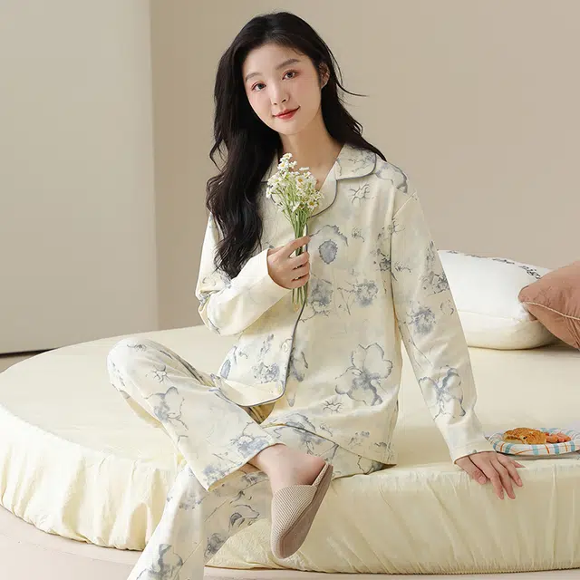 都市丽人 复古设计长袖开衫时尚休闲长裤可外穿睡衣套装 女款 图片色